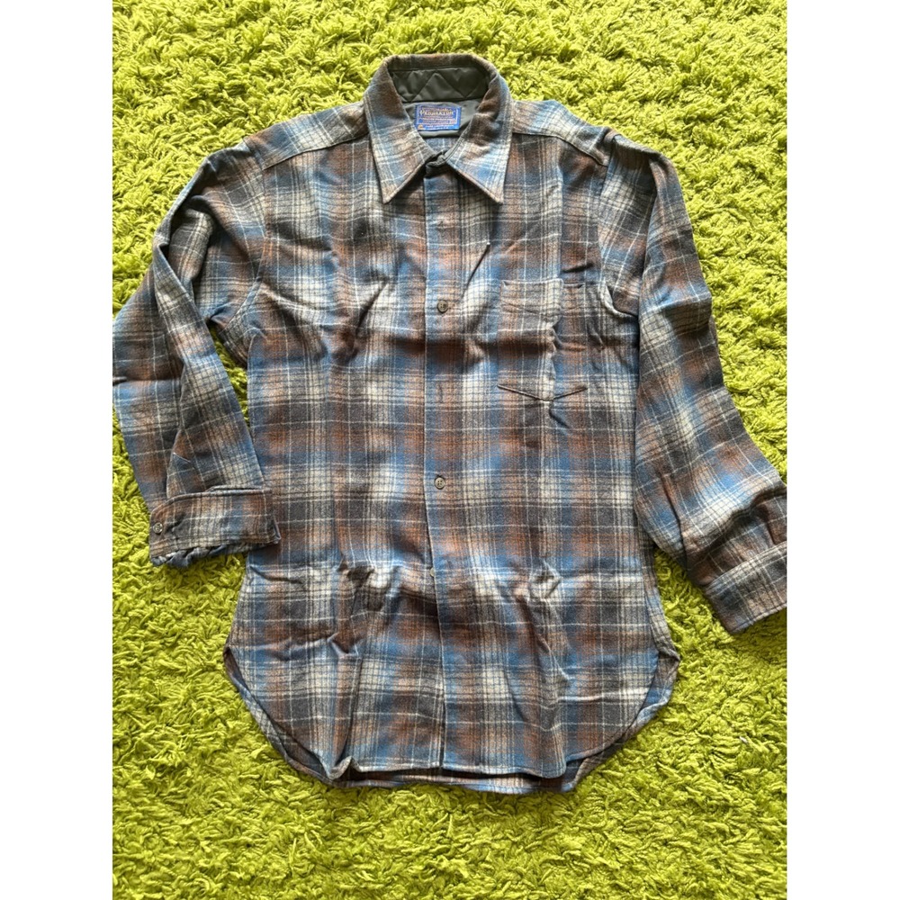 Pendleton Vintage Wool Flannel Shirt Mens Medium Blue Brown Plaid Made in USA
